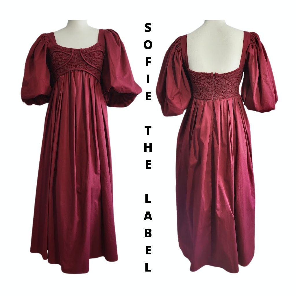 Sofie The Label Nwt Burgundy Red Deck The Halls Smocked Midi Dress - Women's S